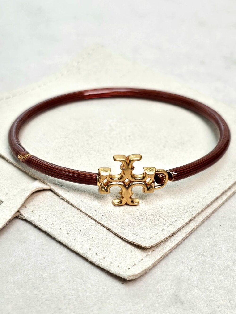 Tory Burch Kira Tortoise Enamel Bangle Double T Gold Dust Bag